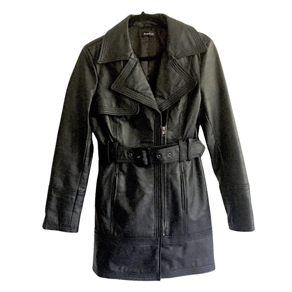BEBE Leather Moto Jacket Tench Coat Jacket Belt Black M